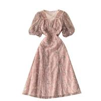 Tencel One-piece Dress deep V patchwork pink PC