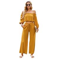 Polyester Off Shoulder Women Casual Set & two piece Wide Leg Trousers & top Solid Set