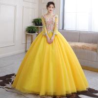 Polyester Waist-controlled & floor-length Long Evening Dress large hem design embroider floral yellow PC