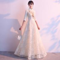 ポリエステル ロングイブニングドレス 刺繍 単色 白 一つ