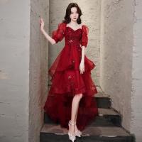 Polyester Slim Long Evening Dress & short front long back Solid red PC