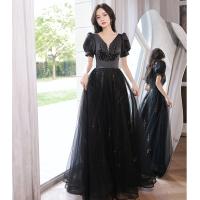 Polyester Waist-controlled Long Evening Dress deep V Solid black PC