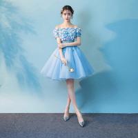 Polyester Waist-controlled & Off Shoulder Short Evening Dress embroider floral blue PC
