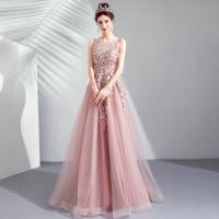 Polyester Waist-controlled & Slim & floor-length Long Evening Dress embroider floral pink PC