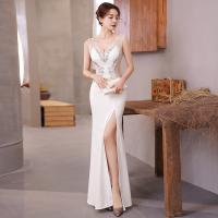 Polyester Plus Size Long Evening Dress deep V & side slit patchwork Solid white and green PC