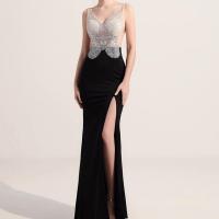 Polyester Plus Size Long Evening Dress side slit & backless iron-on Solid black and brown PC