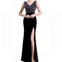 Polyester Plus Size Long Evening Dress side slit & backless patchwork Solid black PC