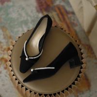 Microfiber PU Synthetic Leather & Rubber & Goat Skin Leather & Plastic Pearl High-Heeled Shoes Solid black Pair