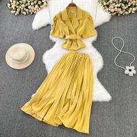 Polyester Pleated & High Waist Two-Piece Dress Set two piece Solid : Set