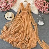 Polyester One-piece Dress see through look & deep V & floor-length Solid PC