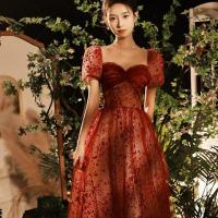 Polyester Waist-controlled & floor-length Long Evening Dress printed Solid red PC