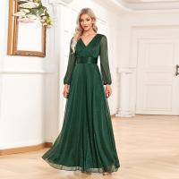 Gauze & Polyester Waist-controlled Long Evening Dress see through look & deep V Solid green PC