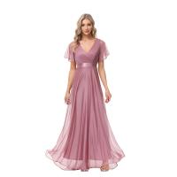 Gauze & Polyester Waist-controlled Long Evening Dress large hem design & deep V Solid pink PC