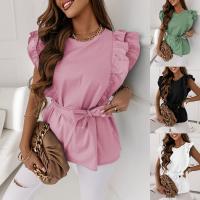 Polyester scallop Women Short Sleeve Blouses & loose patchwork Solid PC