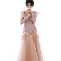 Sequin & Polyester Waist-controlled Bridal Evening Dress see through look & backless embroider Solid pink PC