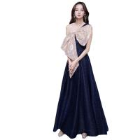 Sequin & Polyester Waist-controlled Long Evening Dress & One Shoulder Solid blue PC