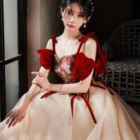 Polyester Waist-controlled Bridal Evening Dress & off shoulder printed floral red PC