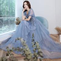 Polyester Waist-controlled Long Evening Dress large hem design Solid blue PC