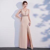 Polyester Plus Size Long Evening Dress deep V patchwork champagne PC
