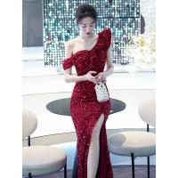 Sequin & Polyester Mermaid Long Evening Dress side slit Polyester patchwork PC