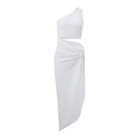 Polyester Slim & High Waist Sexy Package Hip Dresses side slit & backless & off shoulder & hollow & One Shoulder patchwork Solid white PC
