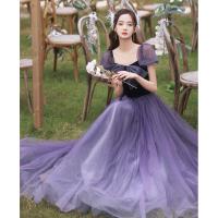 Polyester Waist-controlled & Soft Long Evening Dress see through look Solid purple PC