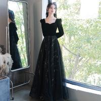 Polyester Waist-controlled & Soft & floor-length Long Evening Dress Solid black PC