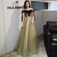 Polyester Waist-controlled & Off Shoulder & floor-length Long Evening Dress backless embroider Solid green PC