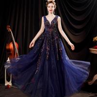 Sequin & Polyester floor-length Long Evening Dress deep V & off shoulder Solid blue PC