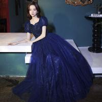 Sequin & Polyester floor-length Long Evening Dress see through look & off shoulder embroider Solid blue PC