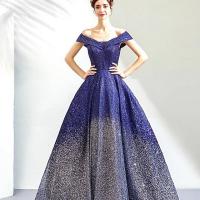 Sequin & Polyester Waist-controlled & Off Shoulder Long Evening Dress large hem design starry sky pattern blue PC