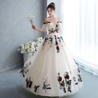Polyester Waist-controlled & Off Shoulder & High Waist Long Evening Dress embroider floral champagne PC