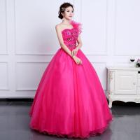 Polyester High Waist Long Evening Dress backless & One Shoulder embroider floral fuchsia PC