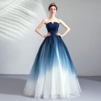 Polyester Waist-controlled Long Evening Dress large hem design & tube Solid blue PC