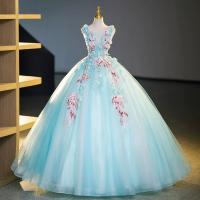 Polyester Waist-controlled & High Waist Long Evening Dress large hem design embroider floral blue PC