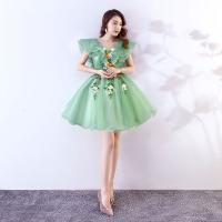 Polyester Waist-controlled & Slim Short Evening Dress floral green PC