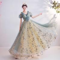 Sequin & Polyester Long Evening Dress large hem design & deep V & off shoulder floral PC