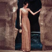Sequin & Polyester Slim Long Evening Dress backless patchwork Solid gold PC