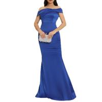 Spandex & Polyester Off Shoulder & High Waist Long Evening Dress patchwork Solid blue PC