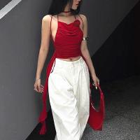 Polyester High Waist Tank Top midriff-baring & backless & hollow patchwork Solid red PC