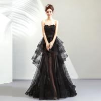 Polyester Slim Long Evening Dress see through look & off shoulder & tube Solid black PC