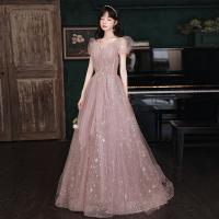 Polyester Slim & floor-length Long Evening Dress see through look Solid pink PC