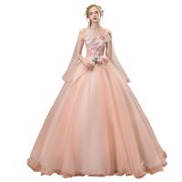 Polyester Slim Long Evening Dress see through look & large hem design embroider floral pink PC