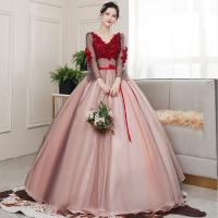 Polyester Long Evening Dress see through look & large hem design  embroider Solid red PC