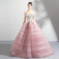 ポリエステル ロングイブニングドレス 刺繍 単色 ピンク 一つ
