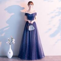 Polyester Waist-controlled & Off Shoulder Long Evening Dress  Solid blue PC
