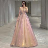 Gauze & Polyester floor-length Long Evening Dress see through look & off shoulder Solid pink PC