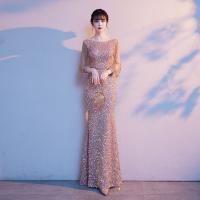 Sequin & Polyester Slim Long Evening Dress see through look Solid gold PC