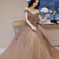 Sequin & Polyester Waist-controlled & Off Shoulder Long Evening Dress backless ruffles Solid gold PC