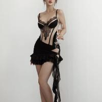 Polyester Slim & High Waist Two-Piece Dress Set midriff-baring & backless  patchwork black PC
